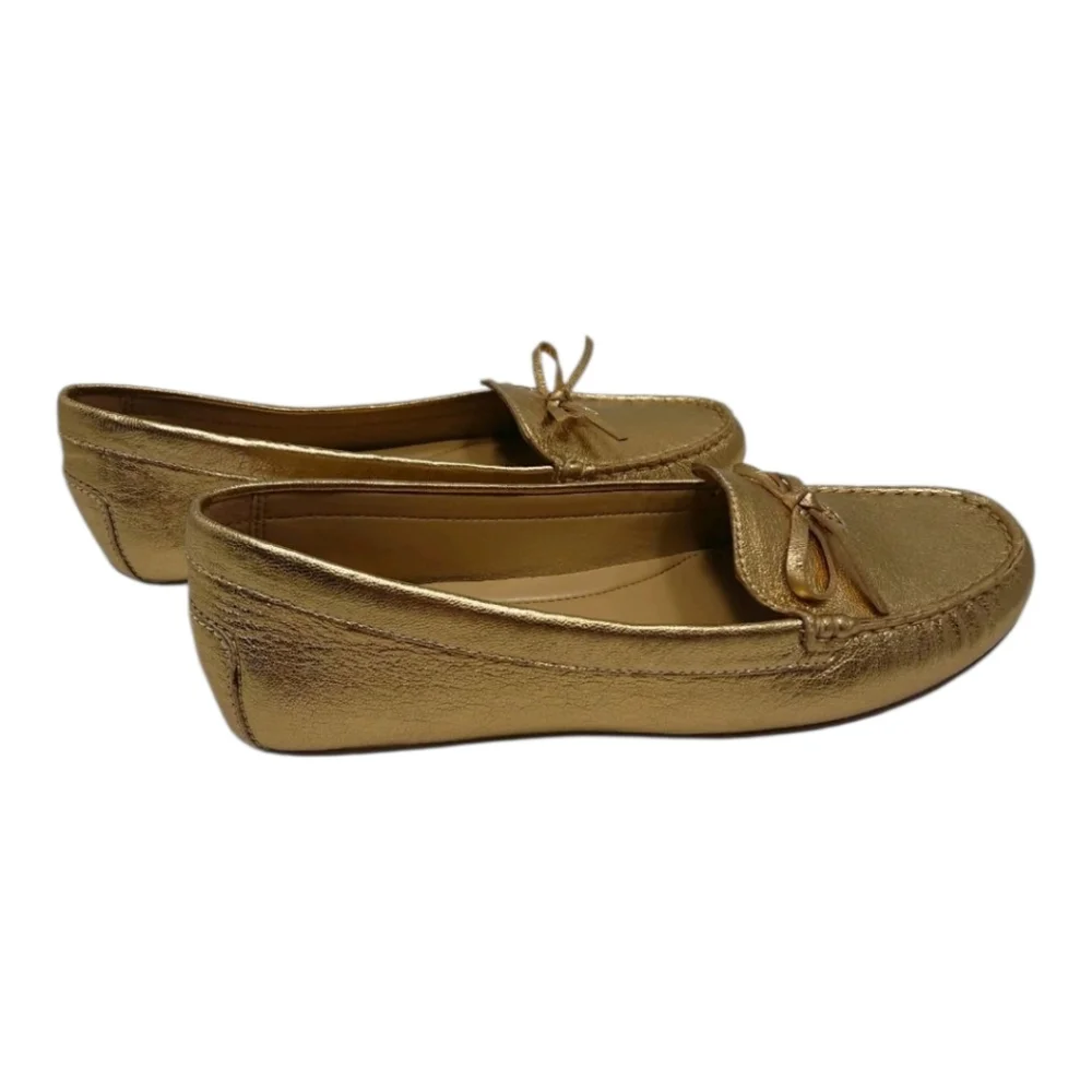 Michael Kors Gold Metallic Leather Bow Detail Loafer Flats Women's Shoes 10‎ New